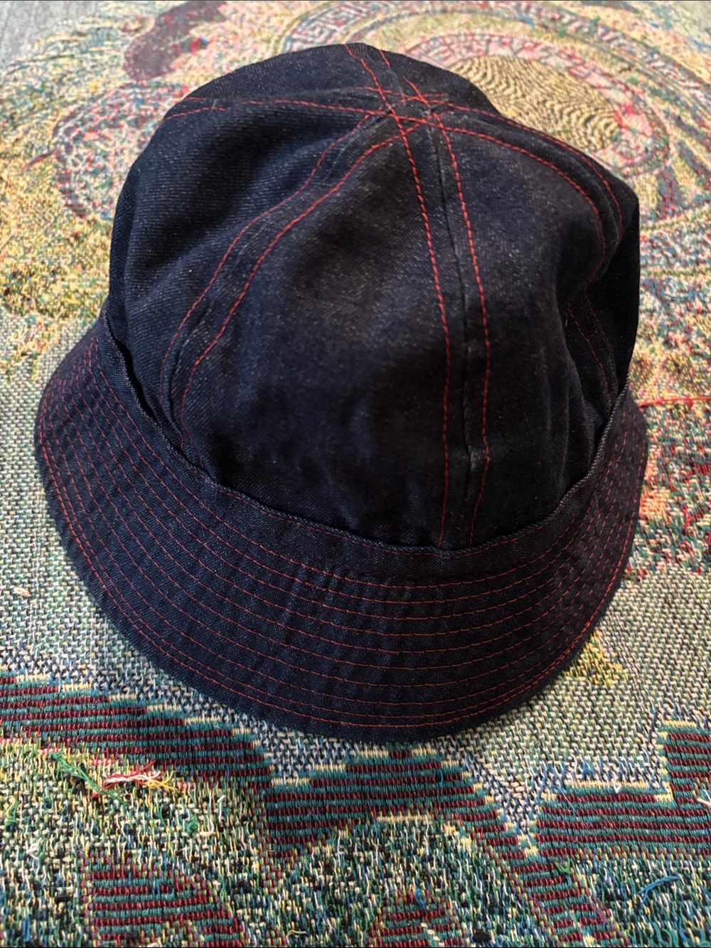 Halston Heritage Dark Denim Bucket Hat with Red Stitching HALSTON III 1980s era